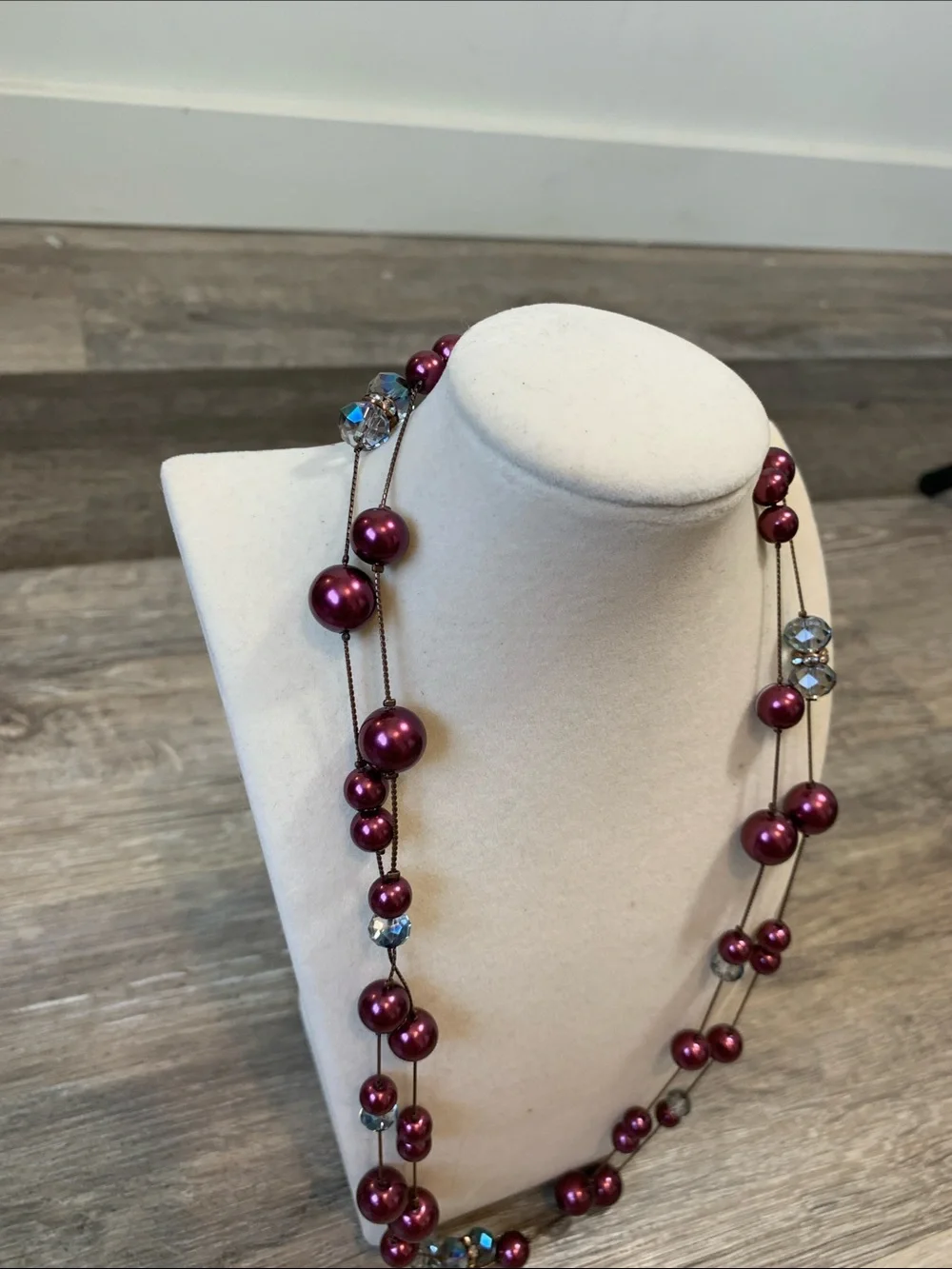 Coldwater Creek Long Plum Bead Necklace with Crystal Accents